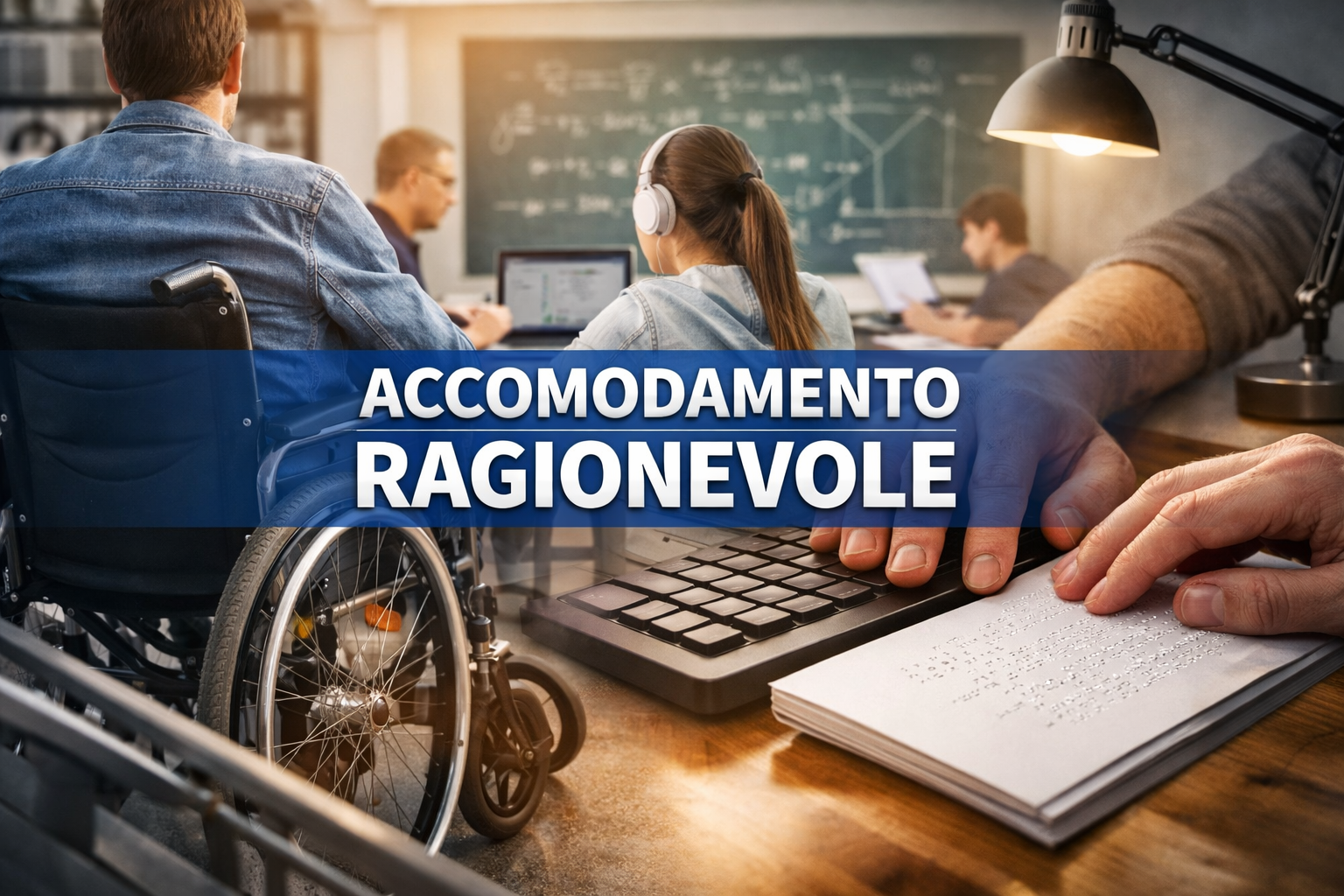“Immagine rappresentativa dell’accomodamento ragionevole: una persona in sedia a rotelle partecipa a una riunione, una studentessa con cuffie studia davanti a una lavagna e mani leggono un testo in Braille. Simbolo dell’inclusione nei luoghi di lavoro e di studio, con fascia blu e titolo ‘Accomodamento Ragionevole’.