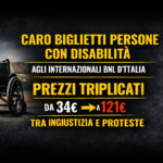 Immagine di denuncia sul caro biglietti per persone con disabilità agli Internazionali BNL d’Italia 2027. Sfondo scuro con testo giallo su nero che evidenzia l’aumento dei prezzi da 34 a 121 euro e richiama il tema dell’inclusione negata.