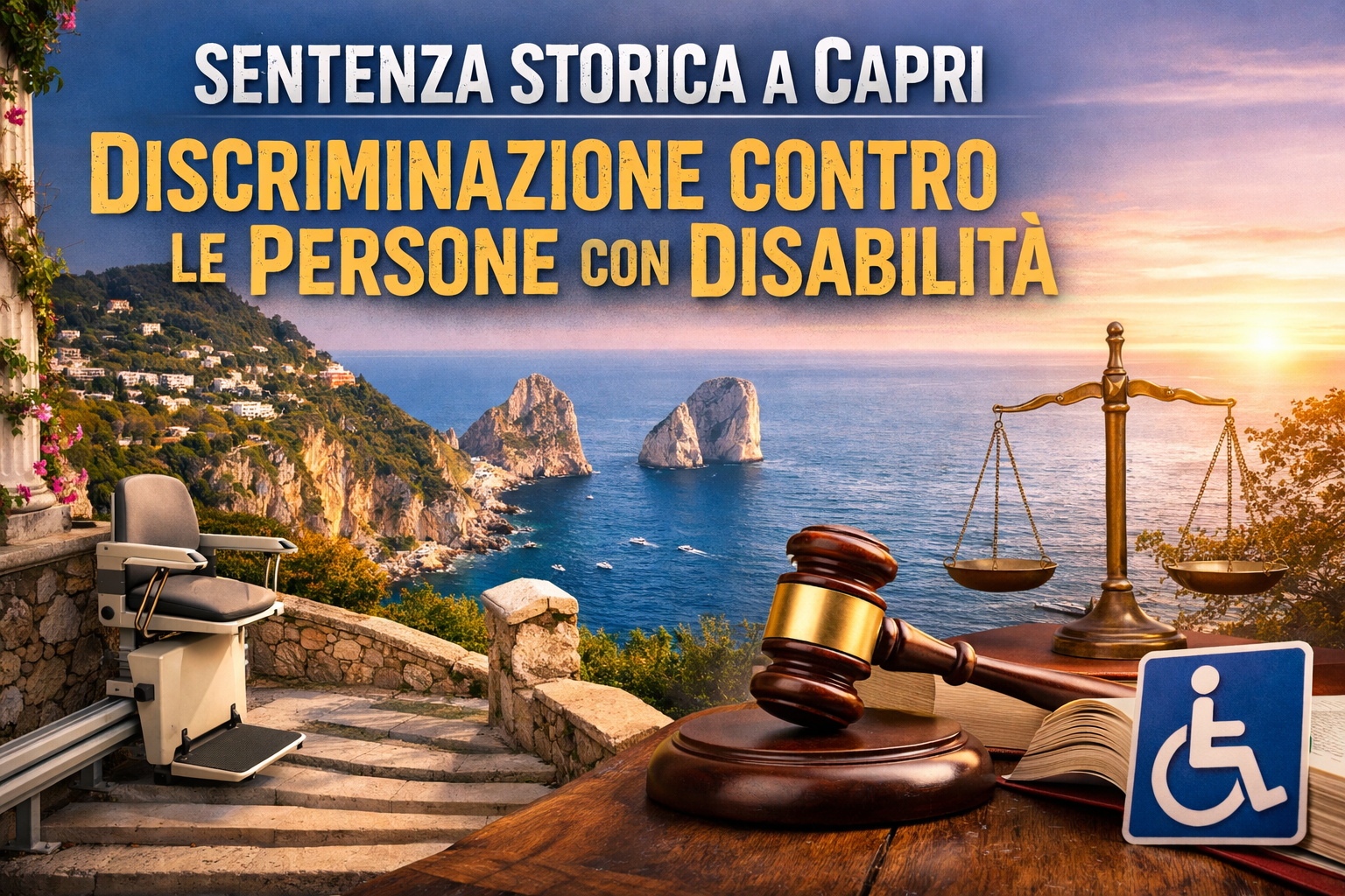 Veduta dei Giardini di Augusto a Capri con montascale accessibile, gavel e bilancia della giustizia, simbolo della sentenza contro il Comune per discriminazione verso le persone con disabilità.