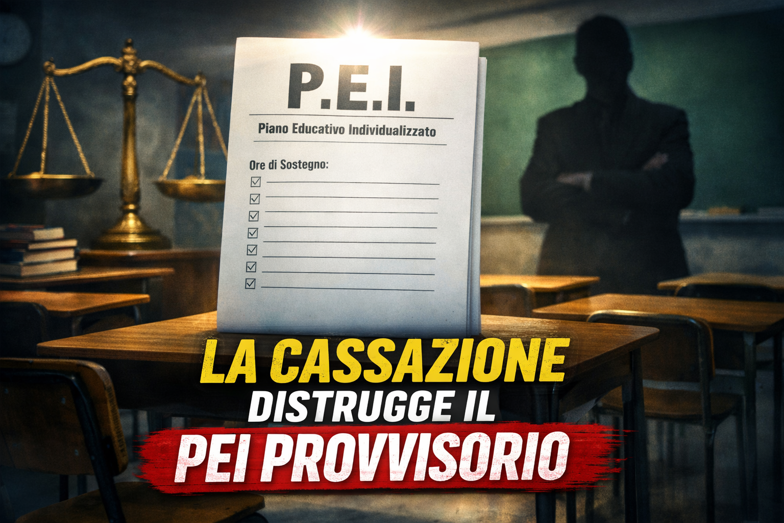 Aula scolastica con documento PEI illuminato al centro e bilancia della giustizia sullo sfondo, simbolo della sentenza della Cassazione che cambia l’inclusione scolastica.