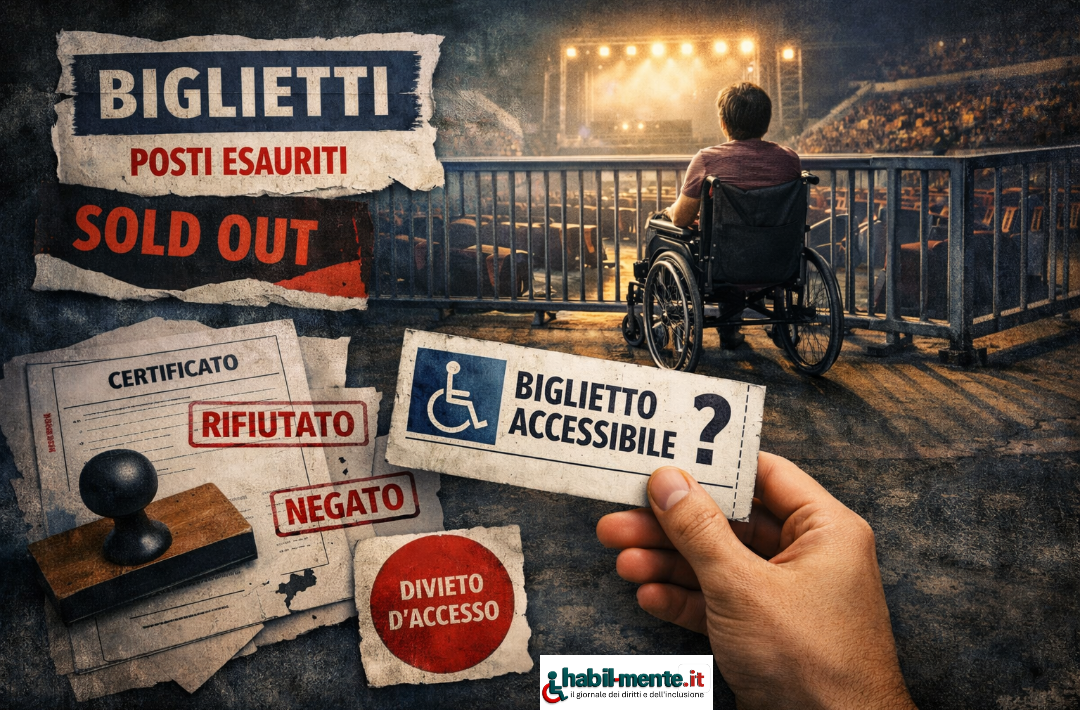 Persona in carrozzina davanti a un palco illuminato, separata da una barriera, con biglietti esauriti e cartelli di accesso negato: immagine simbolica sulle difficoltà di acquistare biglietti accessibili per eventi e spettacoli.