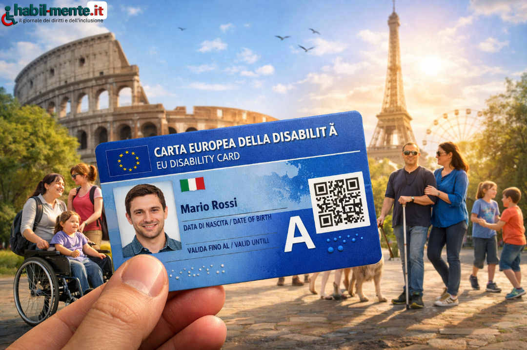 Primo piano della Carta Europea della Disabilità italiana con la lettera “A”, simbolo dell’accompagnatore, tenuta in mano davanti a un paesaggio europeo con il Colosseo e la Torre Eiffel. Sullo sfondo persone con disabilità partecipano alla vita sociale, tra cui una donna in sedia a rotelle, un uomo cieco con bastone bianco e una bambina con sindrome di Down. Immagine che rappresenta inclusione, mobilità e cittadinanza europea.