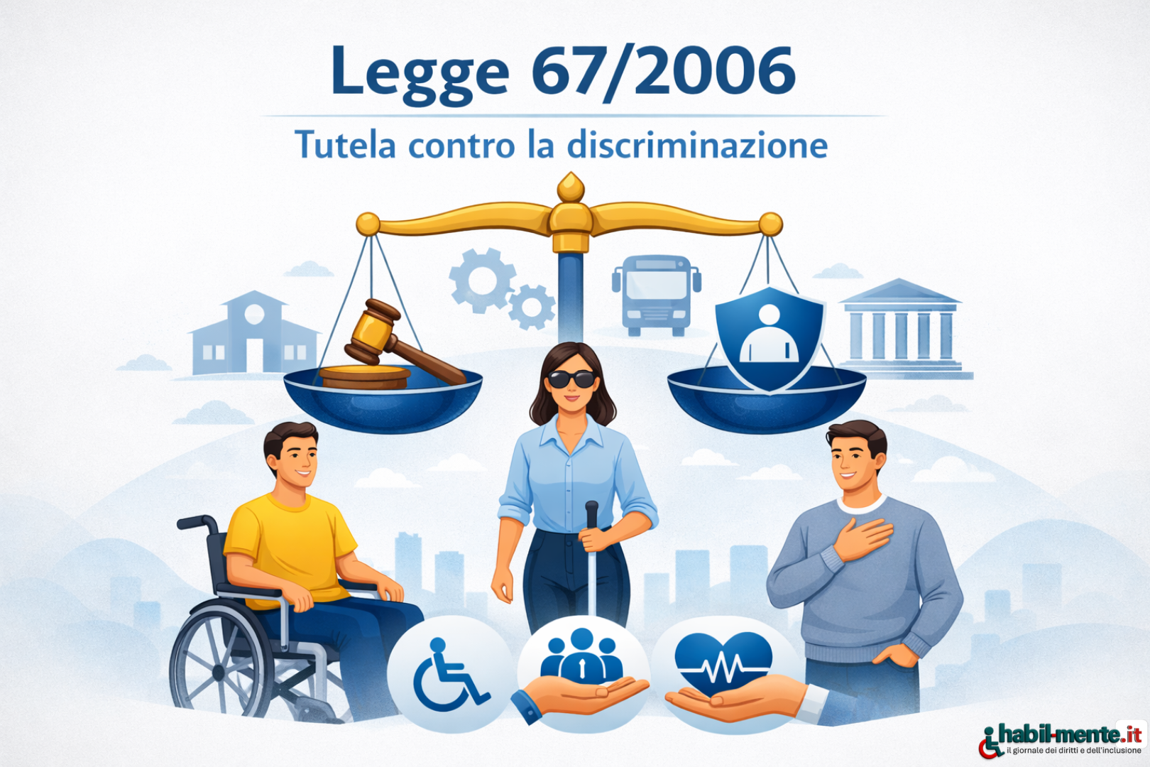 Illustrazione istituzionale sulla Legge 67/2006 con bilancia della giustizia, persone con disabilità e simboli di inclusione, a rappresentare la tutela contro tutte le discriminazioni