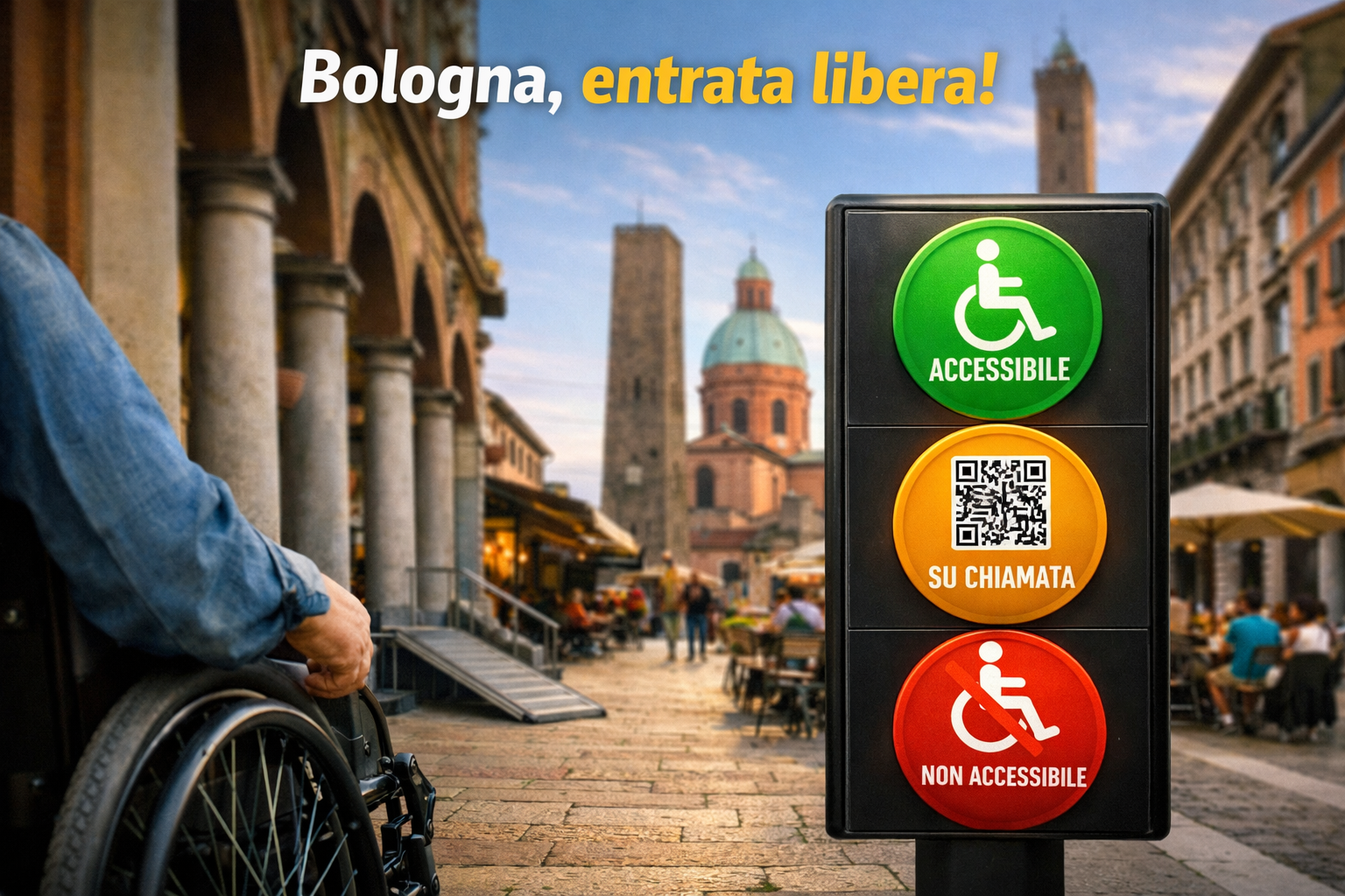 Scena di accessibilità Bologna: persona in carrozzina davanti ai portici e alle torri della città, con segnale semaforico di accessibilità e slogan ‘Bologna, entrata libera!