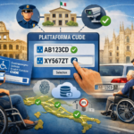 Immagine illustrativa della piattaforma CUDE che semplifica la mobilità delle persone con disabilità in Italia, mostrando l’uso digitale del contrassegno europeo e il controllo automatico delle targhe nei comuni aderenti.
