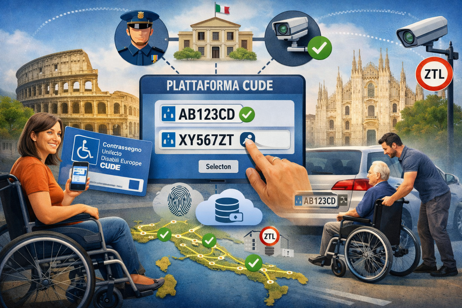 Immagine illustrativa della piattaforma CUDE che semplifica la mobilità delle persone con disabilità in Italia, mostrando l’uso digitale del contrassegno europeo e il controllo automatico delle targhe nei comuni aderenti.