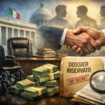 illustrazione in stile realistico che rappresenta il sistema di potere attorno alla ministra Locatelli: una stretta di mano tra uomini in giacca, una sedia a rotelle acconto ad una poltrona vuota, mazzette di euro e un dossier riservato con timbro "top"secret" sullo sfondo di un edificio istituzionale italiano.