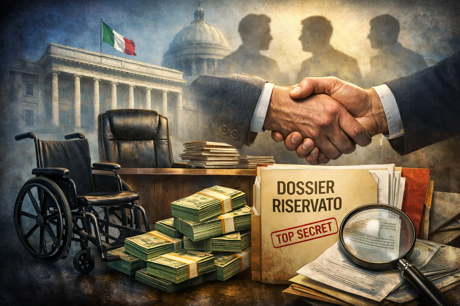 illustrazione in stile realistico che rappresenta il sistema di potere attorno alla ministra Locatelli: una stretta di mano tra uomini in giacca, una sedia a rotelle acconto ad una poltrona vuota, mazzette di euro e un dossier riservato con timbro "top"secret" sullo sfondo di un edificio istituzionale italiano.