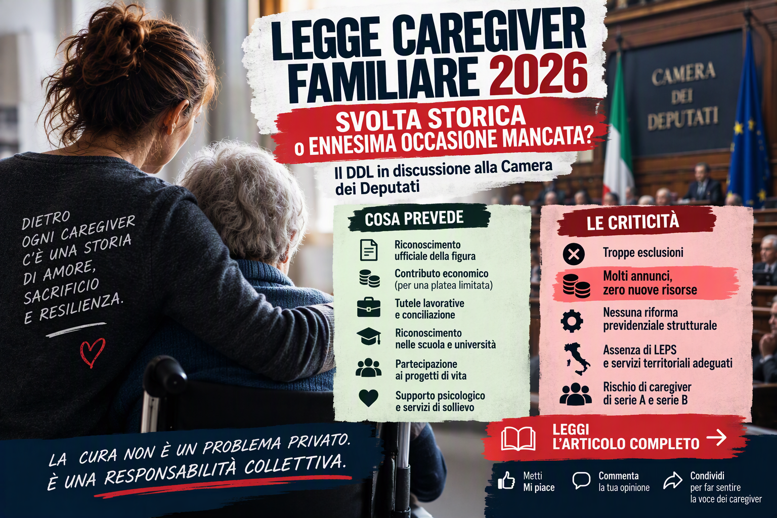 Infografica sulla Legge caregiver familiare 2026 con analisi delle misure previste, delle criticità e delle accuse di mancanza di nuove risorse per i caregiver familiari.
