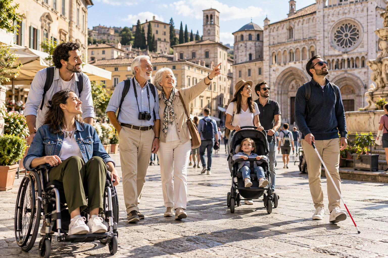Turismo accessibile e innovazione digitale: una viaggiatrice utilizza tecnologie intelligenti, navigazione assistita e strumenti digitali per orientarsi in autonomia in una destinazione inclusiva.