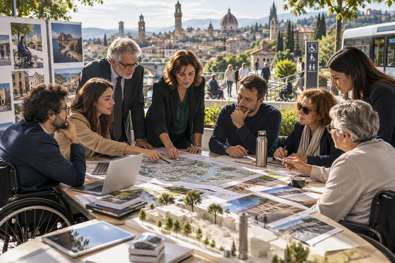 Turismo accessibile: rappresentanti delle istituzioni, operatori turistici e associazioni lavorano insieme alla pianificazione di una destinazione inclusiva per migliorare accessibilità, accoglienza e qualità dei servizi turistici.