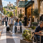 Turismo accessibile in una città d'arte italiana: persone con diverse esigenze visitano il centro storico in autonomia, condividendo un'esperienza inclusiva e senza barriere