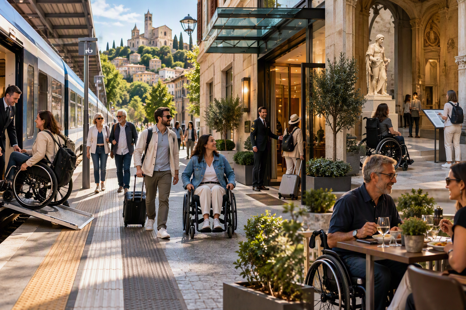 Turismo accessibile in una città d'arte italiana: persone con diverse esigenze visitano il centro storico in autonomia, condividendo un'esperienza inclusiva e senza barriere